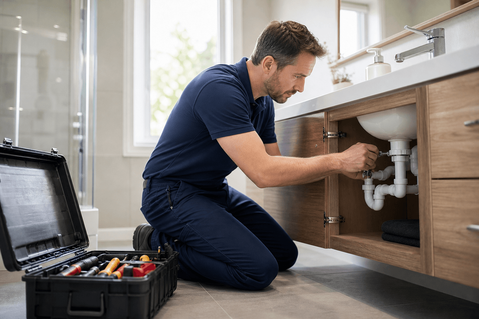 Professional plumber providing expert service in a modern home